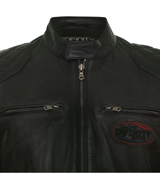 Men's Classic Striped Racing Leather Jacket- Barcelona - Black