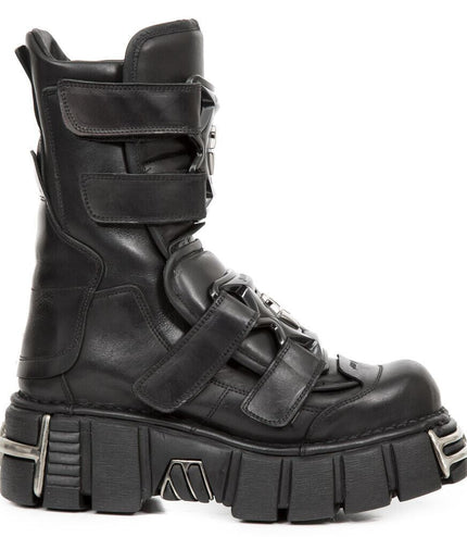 New Rock Punk Mid Calf Black Leather Boots-M-422-S1