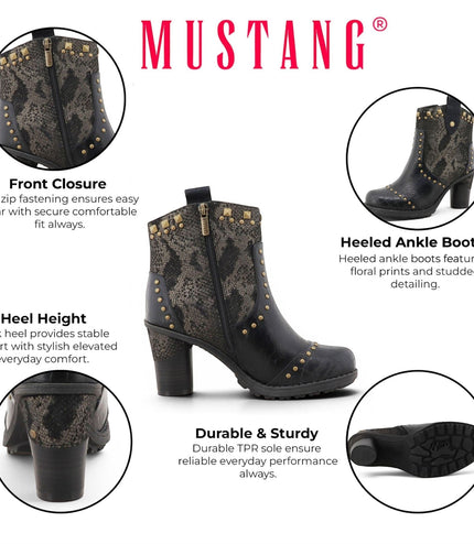 Mustang Women's Black Floral Heeled Ankle Boots - M0162012