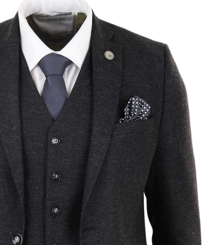 Mens 3 Piece Black Wool Tweed Vintage Retro Suit