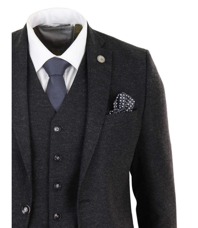 Mens 3 Piece Black Wool Tweed Vintage Retro Suit