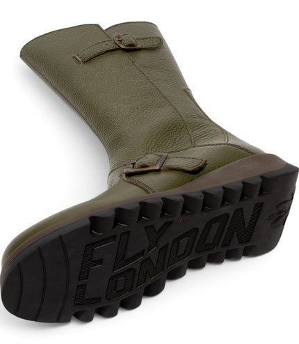 Fly London Womens Military Green Leather Mid-Calf Long Boots - MES2913