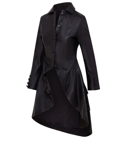 Womens Gothic Full Length Leather Coat Victorian Flare Goth Punk - Black
