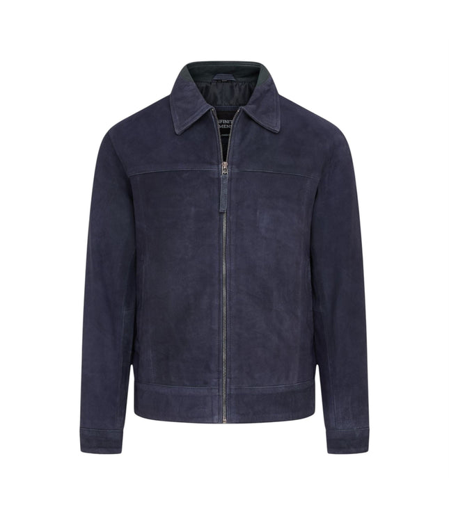 Mens Retro Brown 100% Goat Suede Leather Harington Biker Jacket - Navy
