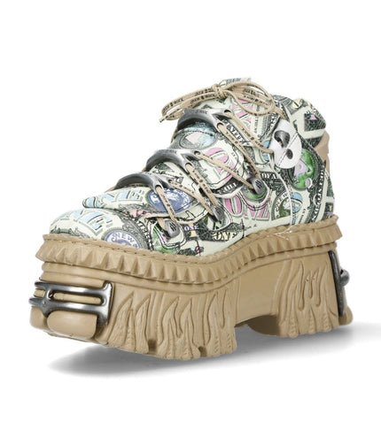 New Rock M-106Wall-C49 Dollar Bill Print Leather Platform Ankle Boots