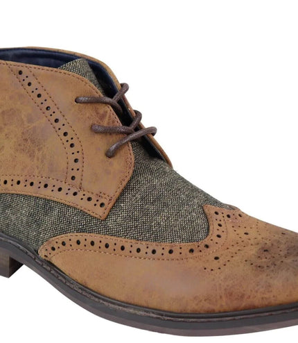 Mens Classic Tweed Oxford Brogue Ankle Boots In Tan Leather