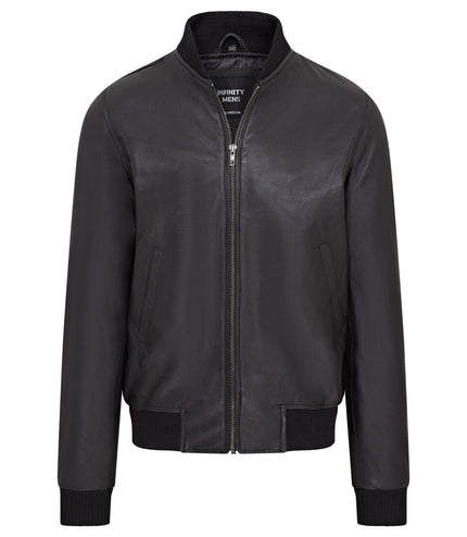 Mens Soft Leather MA-1 Varsity Bomber Jacket - Black