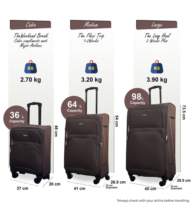 Gosford Set of 3 Soft Shell Suitcase in Brown