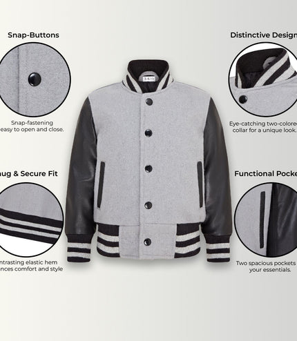 Kids Grey Wool Varsity Bomber Jacket with Real Leather Sleeves