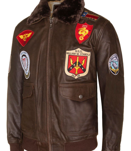 Mens Brown Leather US Aviator Bomber Jacket - Warsaw