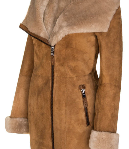 Womens Merino Sheepskin Hooded Coat-Antioch - Tan