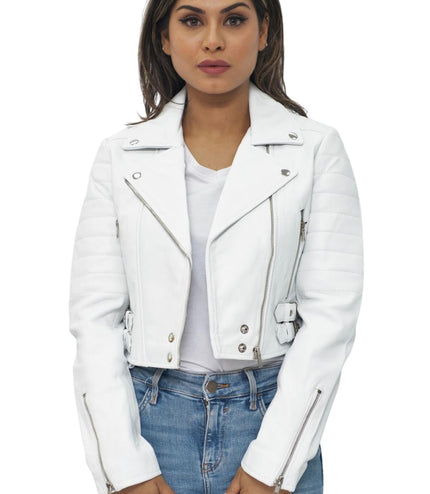 Womens Cropped Brando Leather Biker Jacket-Damascus - White