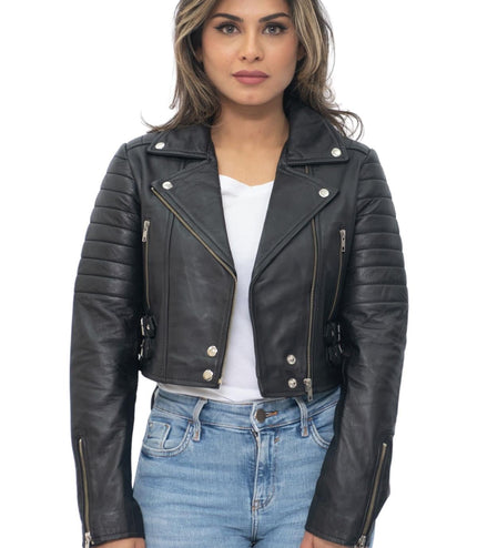 Womens Cropped Brando Leather Biker Jacket-Damascus - Burgundy