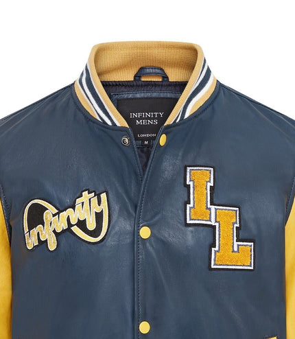 Mens Baseball Leather Letterman Bomber Jacket - Ashwood - Blue