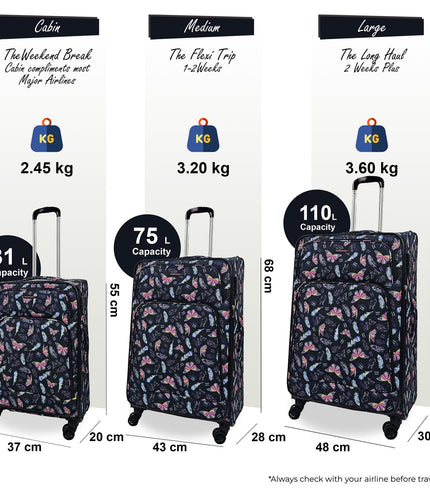 Ashbourne Set of 3 Soft Shell Suitcase in Butterfly