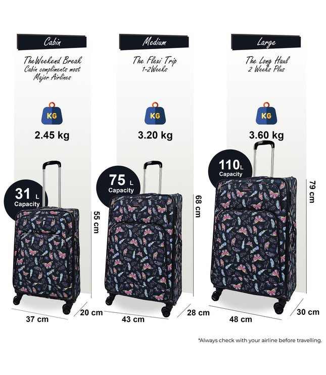 Ashbourne Set of 3 Soft Shell Suitcase in Butterfly