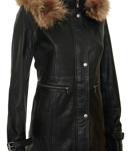 Womens Warm Leather Hooded Parka Jacket-Northwich - Black