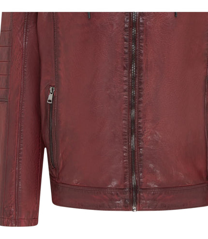 Men's Hooded Biker Lamb Leather Jacket - Burten - Ox Red