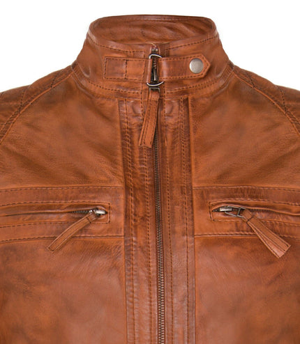 Men's Vintage Leather Quilted Biker Jacket-Monaco - Tan