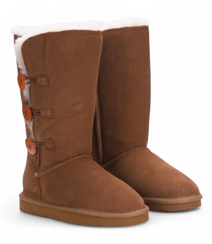 Women's Sheepskin Suede Tan Button Warm Winter Calf Boots - Willow