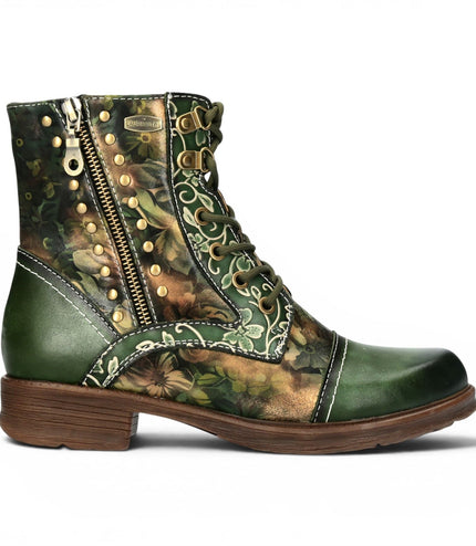 Laura Vita Women's Green Floral Victorian Leather Lace-up Ankle Boots - Anitao - 11
