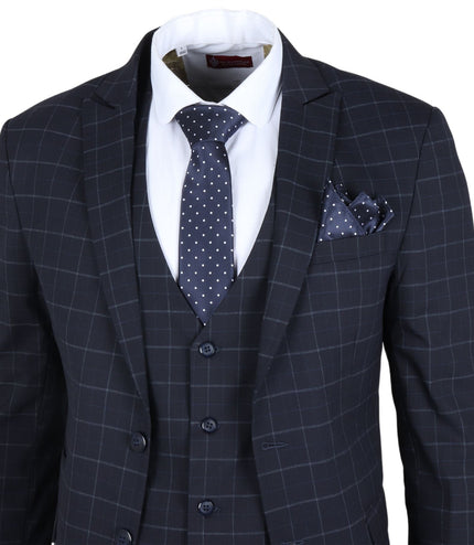 Men's Navy Checked 3 Piece Suit Tailored Fit