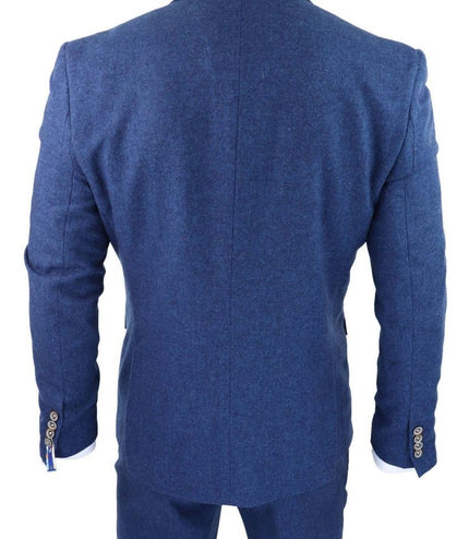 Mens 3 Piece Blue Tweed Wool Twill Vintage Classic Suit