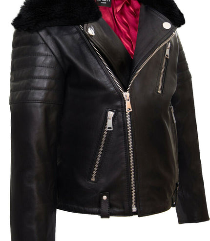 Kids Boys 100% Leather Detachable Collar Biker Jacket