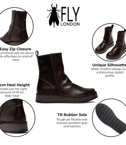 Fly London Womens Dark Brown Reno053Fly Leather Zip Up Platform Comfort Ankle Boots