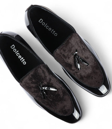 Men's Black Velvet Tassel Loafers Formal Patent Dress Shoes