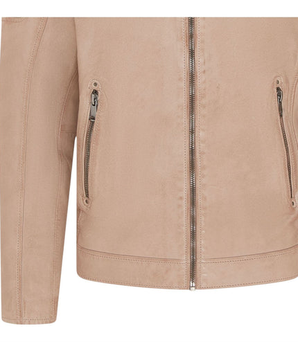 Men's Modern Classic Leather Quilted Biker Jacket - Derry - Beige
