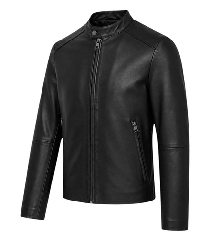 Mens Leather Black Stand Collar Cafe Racer Biker Jacket - E184