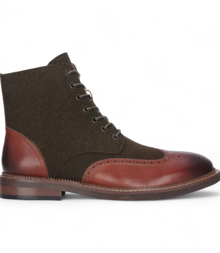 Justin Reess Men's Khaki Brown Brogue Leather Ankle Boots - Clifford