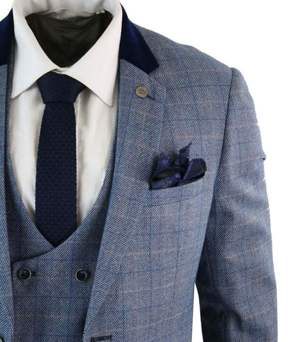 Mens 3 Piece Blue Grey Herringbone Check Suit