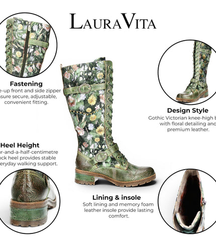 Laura Vita Women's Victorian Floral Green Leather High Lace-Up Long Boots - Cocrailo-82