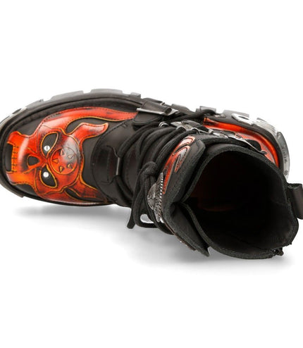 New Rock Flame Accented Black/Red Leather Biker Skull Boots - 107-S1