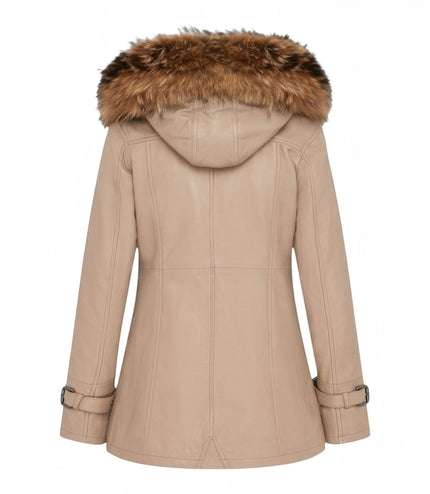 Womens Beige Warm Leather Hooded Parka Jacket-Northwich