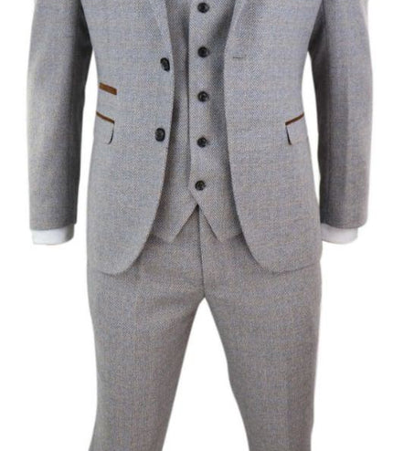 Mens 3 Piece Cream Tweed Check Vintage Retro Suit