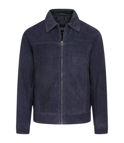 Mens Navy Goat Suede Leather Harrington Biker Jacket - Berlin
