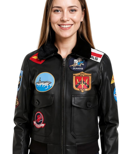 Women's A2 Top Gun Leather Bomber Jacket-Sunbury - Black