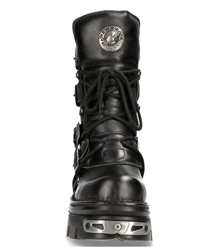 New Rock Unisex Black Leather Gothic Mid-Calf Boots - 373-S4
