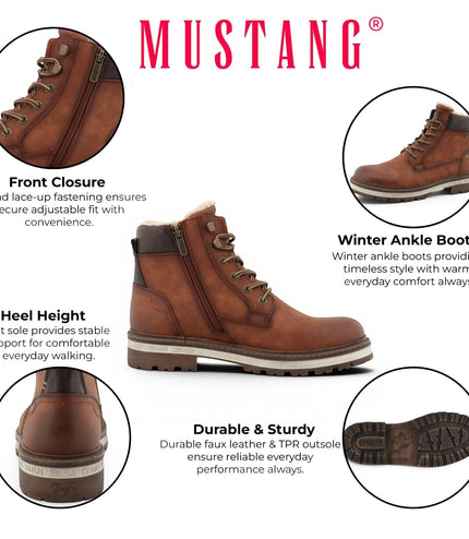 Mustang Men's Cognac Brown Faux Leather Winter Lace-Up Ankle Boots - M0091001