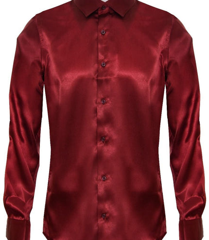 Mens Wine Satin Silk Shirt Smart Casual Button Down Cuff Tailored Fit