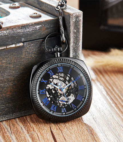 Mechanical Black Blue Vintage Skeleton Square Open-Face Pocket Watch