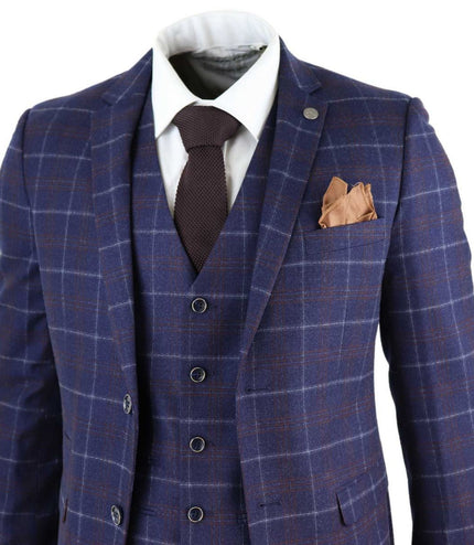 Mens 3 Piece Navy Blue Wool Check Retro Suit