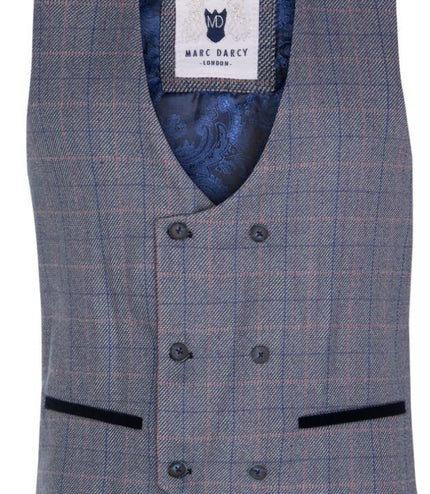Mens 3 Piece Blue Grey Herringbone Check Suit