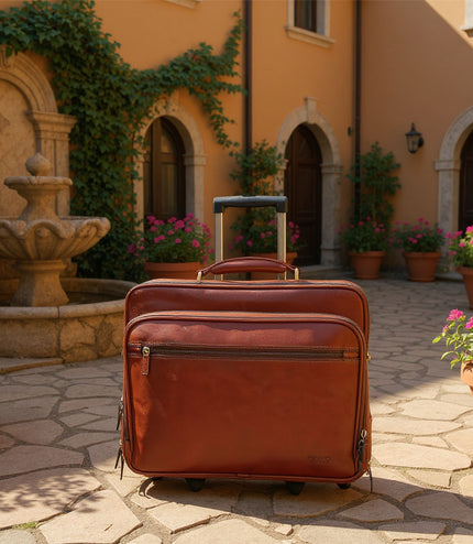 Genuine Leather Tan Wheel Laptop Briefcase Travel Cabin Pilot Bag - Nomad