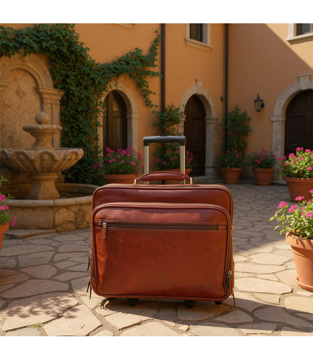 Genuine Leather Tan Wheel Laptop Briefcase Travel Cabin Pilot Bag - Nomad