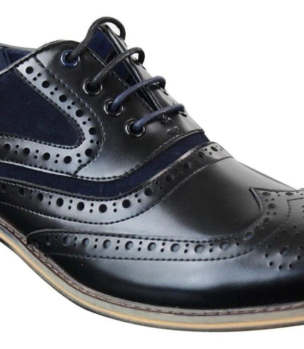 Mens Classic Navy Suede Oxford Brogue Shoes In Black Leather