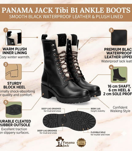 Panama Jack Women's Black Leather Waterproof Warm Heeled Lace-Up Boots - Tibi B1